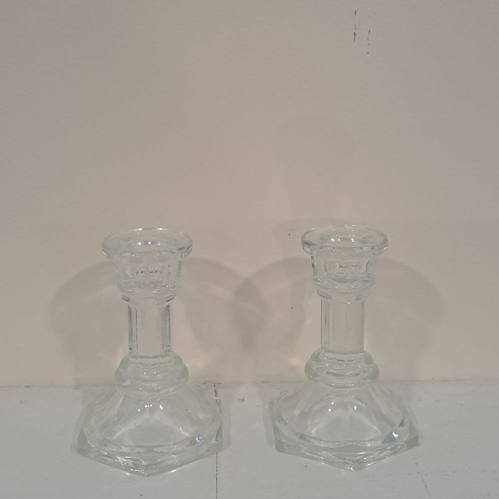 Vintage Pair of Glass Grannycore Classic Cottagecore 90s Mom Clear Candlesticks.